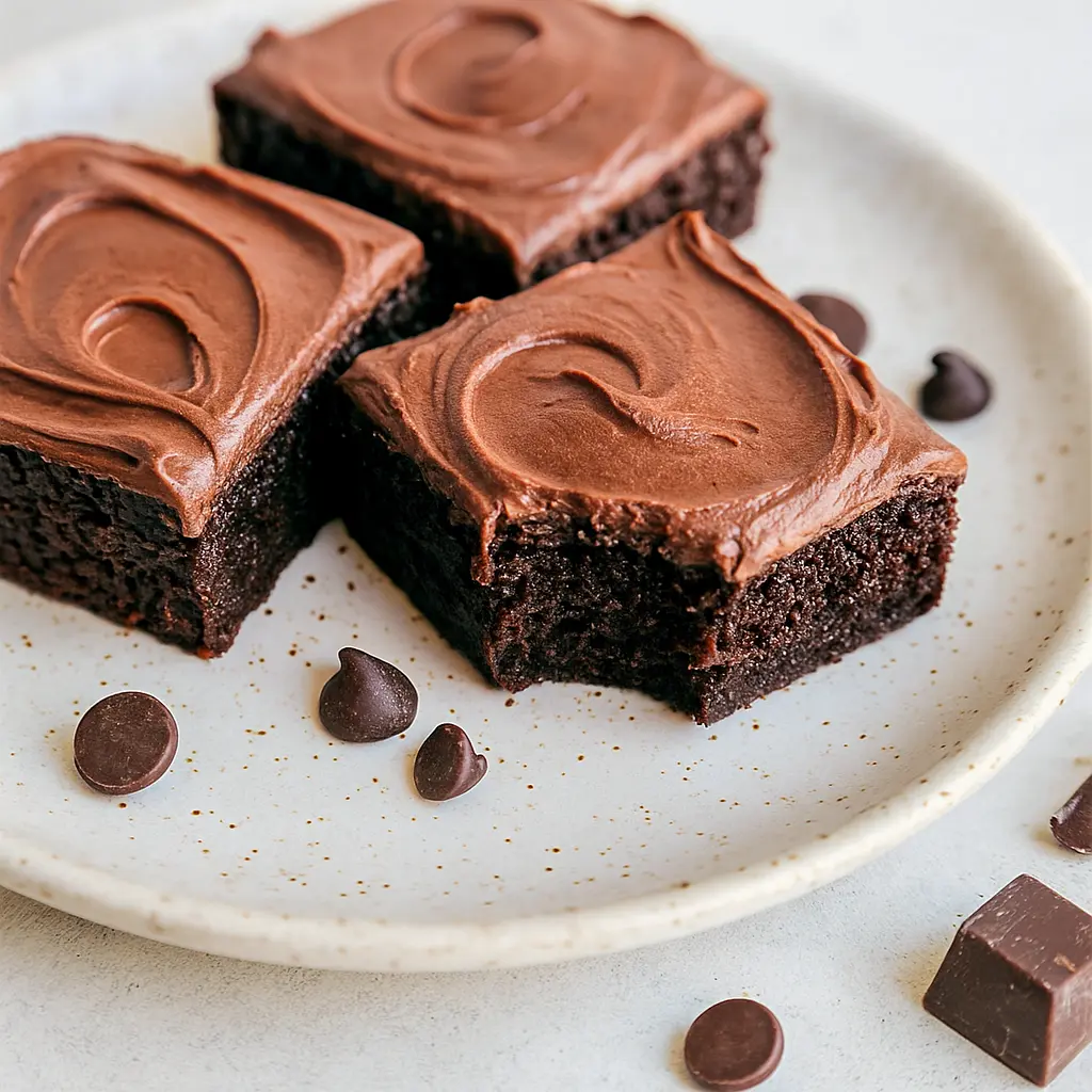 Close-up of glossy, fudgy chocolate brownie squares stacked on a plate, showing a dense, moist interior and a light dusting of cocoa.