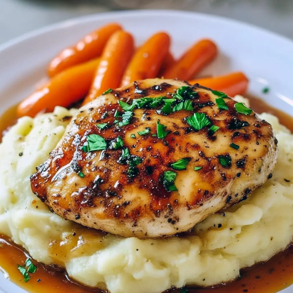 Garlic-herb chicken breast atop creamy mashed potatoes with glossy glazed carrot sticks and a sprinkle of fresh parsley.