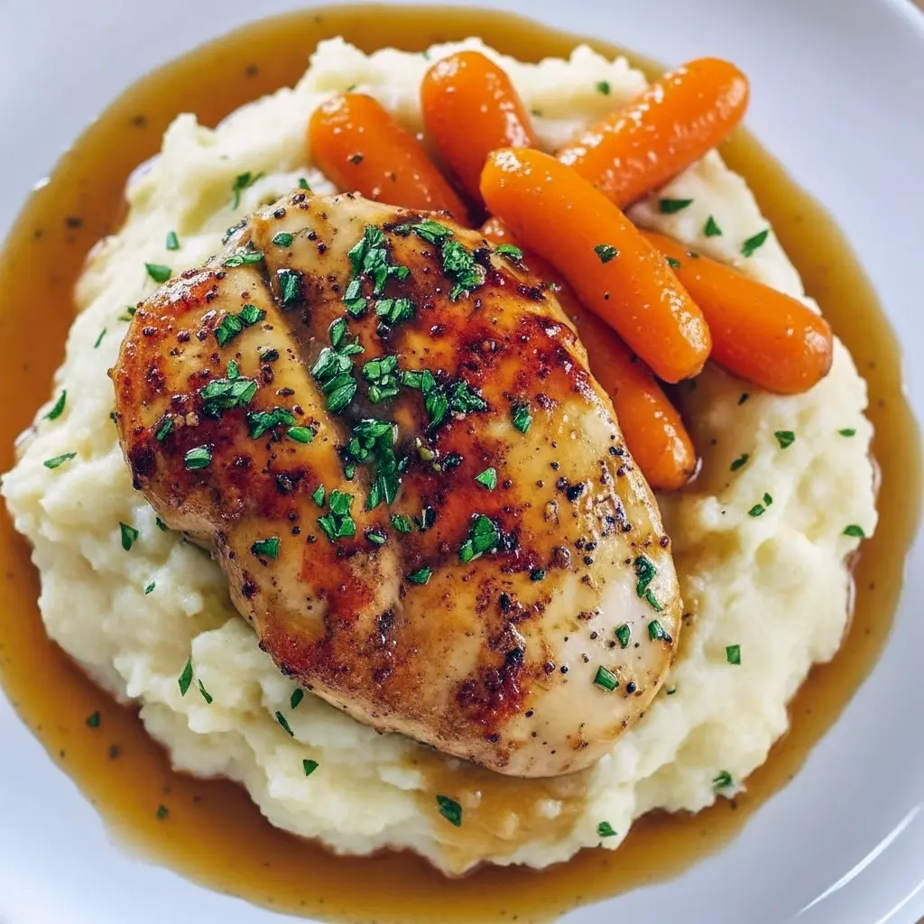 Garlic-herb chicken breast atop creamy mashed potatoes with glossy glazed carrot sticks and a sprinkle of fresh parsley.