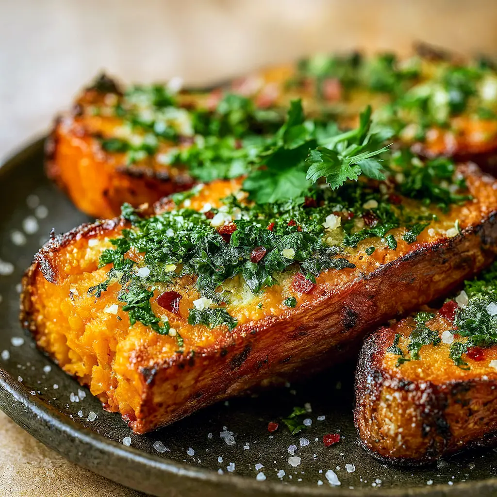 Golden garlic-Parmesan sweet potato wedges on a baking sheet, crispy edges and melted cheese, garnished with parsley.