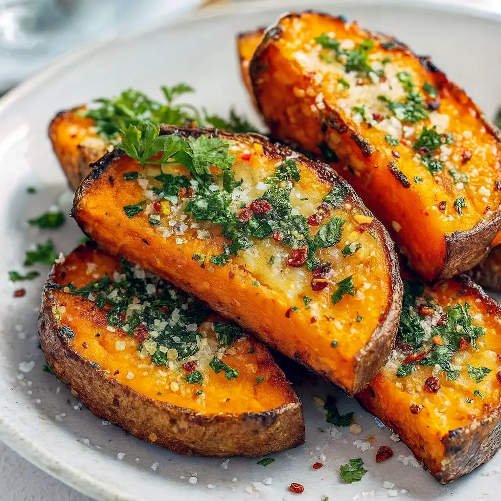 Golden garlic-Parmesan sweet potato wedges on a baking sheet, crispy edges and melted cheese, garnished with parsley.