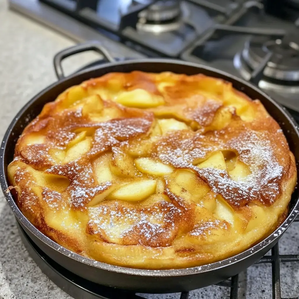 Golden, puffed German apple pancake in a cast-iron skillet topped with caramelized apple slices and a dusting of powdered sugar.