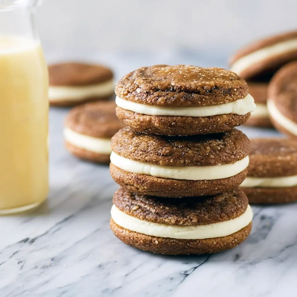 Close-up of spiced Ginger Molasses Cookies filled with eggnog buttercream — a festive Holiday Desserts idea for Christmas Cooking, made as an easy Recette Patisserie Facile where rustic Molasses Cookies become indulgent Sandwich Cookies and bite-size Mini Desserts, perfect Sweets Treats to Eat Dessert after the meal.
