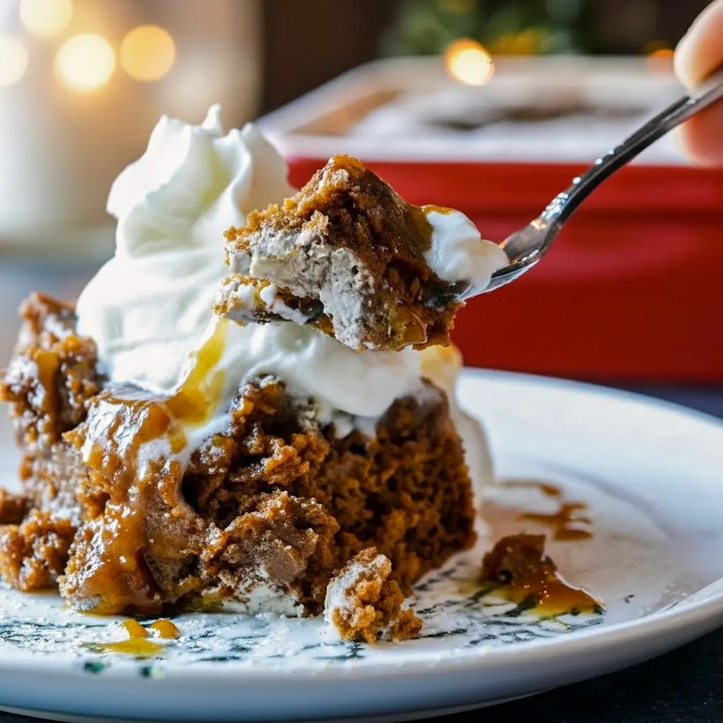 A warm slice of Gingerbread Pudding cake topped with melting vanilla ice cream, showing off its rich Gingerbread Cake With Sauce layer — the ultimate Ginger Cake Christmas dessert for cozy winter nights.