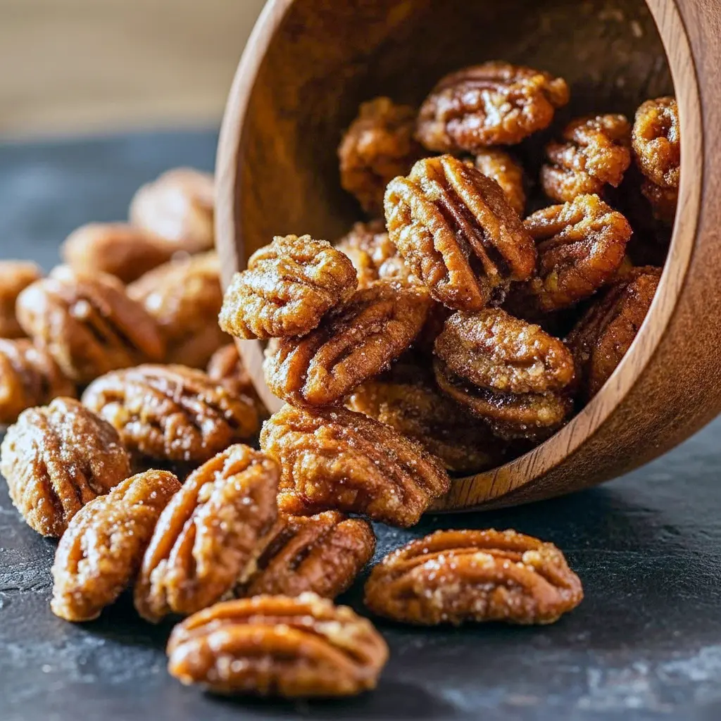 Close-up of golden, gingersnap-coated pecans piled in a jar, showing crunchy spiced coating and scattered sugar crumbs.