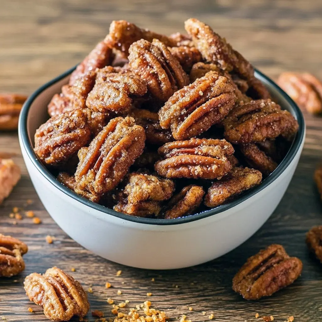 Close-up of golden, gingersnap-coated pecans piled in a jar, showing crunchy spiced coating and scattered sugar crumbs.