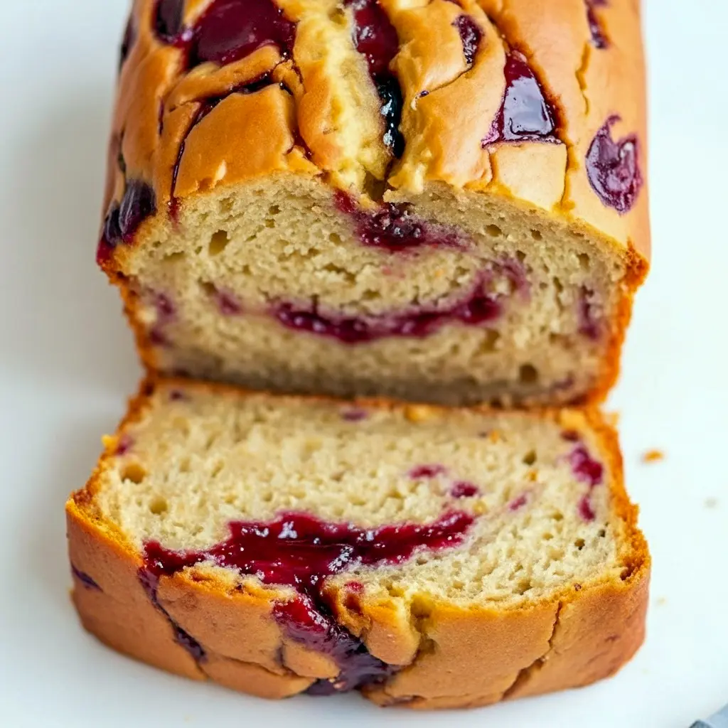 Moist slice of peanut butter and jelly banana bread with visible jam swirls and a golden crust on a wooden board.