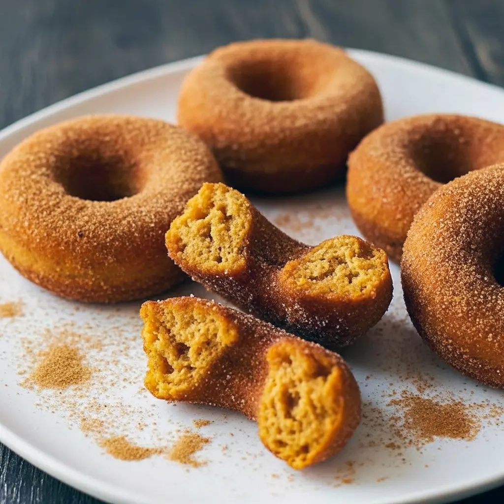 Close-up of cinnamon-sugar coated pumpkin donuts made with almond flour, stacked on a rustic plate with a sprinkle of cinnamon nearby, Vegan Pumpkin Spice.