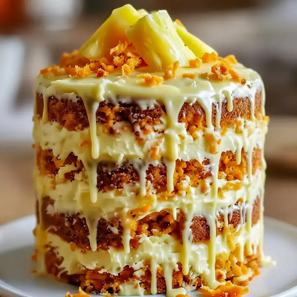 Two-layer carrot and pineapple cake with cream cheese frosting, sprinkled with coconut and chopped walnuts, sliced on a serving plate.