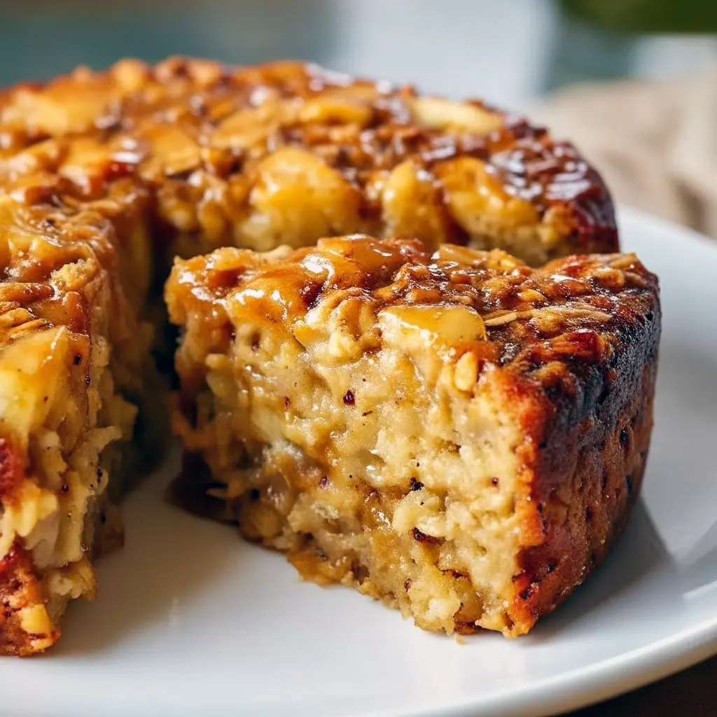 Slice of oatmeal apple cake on a plate, topped with a drizzle of honey and a sprinkle of oats, showing tender crumbs and apple pieces.