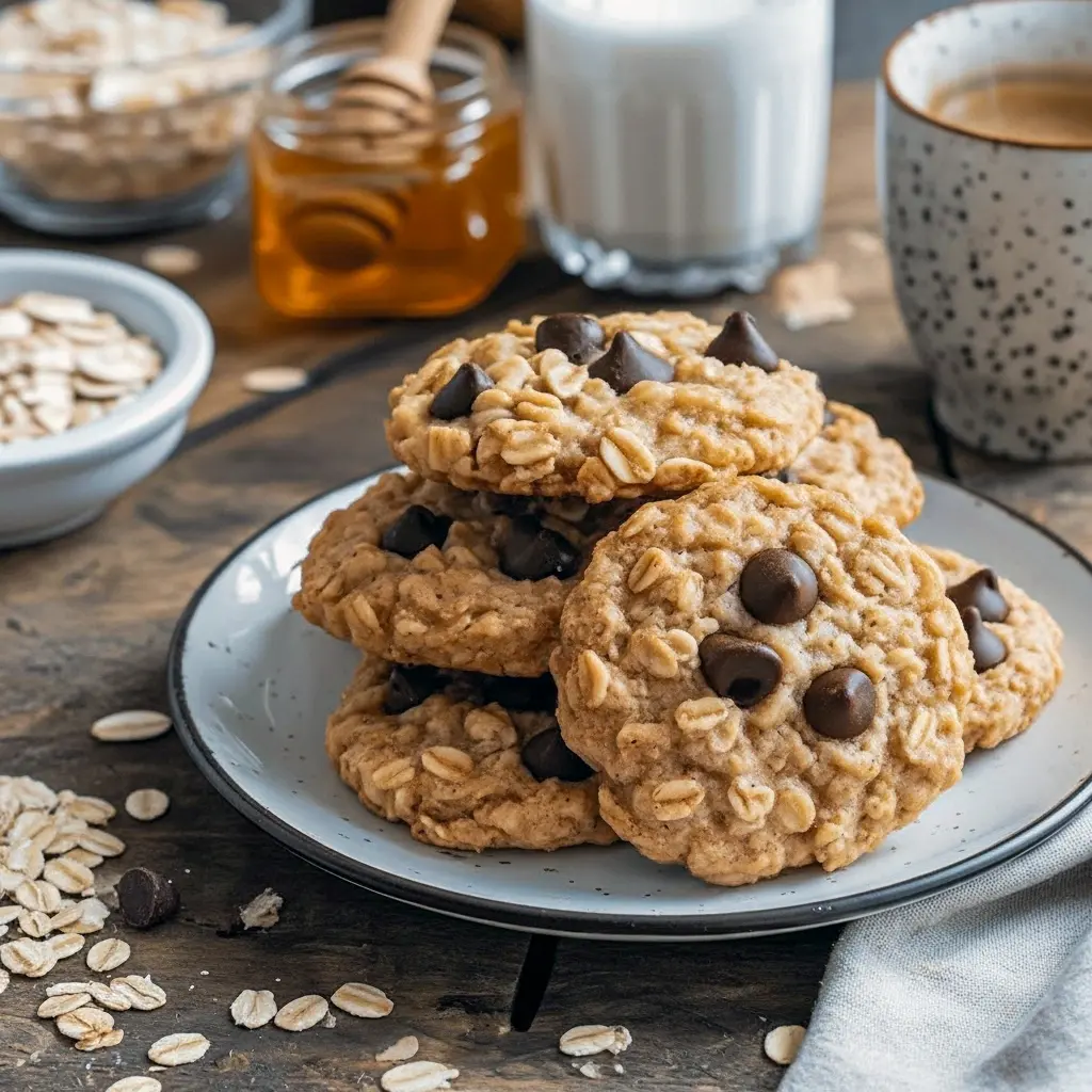 A stack of golden-brown oatmeal protein cookies studded with chocolate chips and oats on parchment, styled with a small jar of almond butter and a napkin — an on-the-go, high-protein snack.