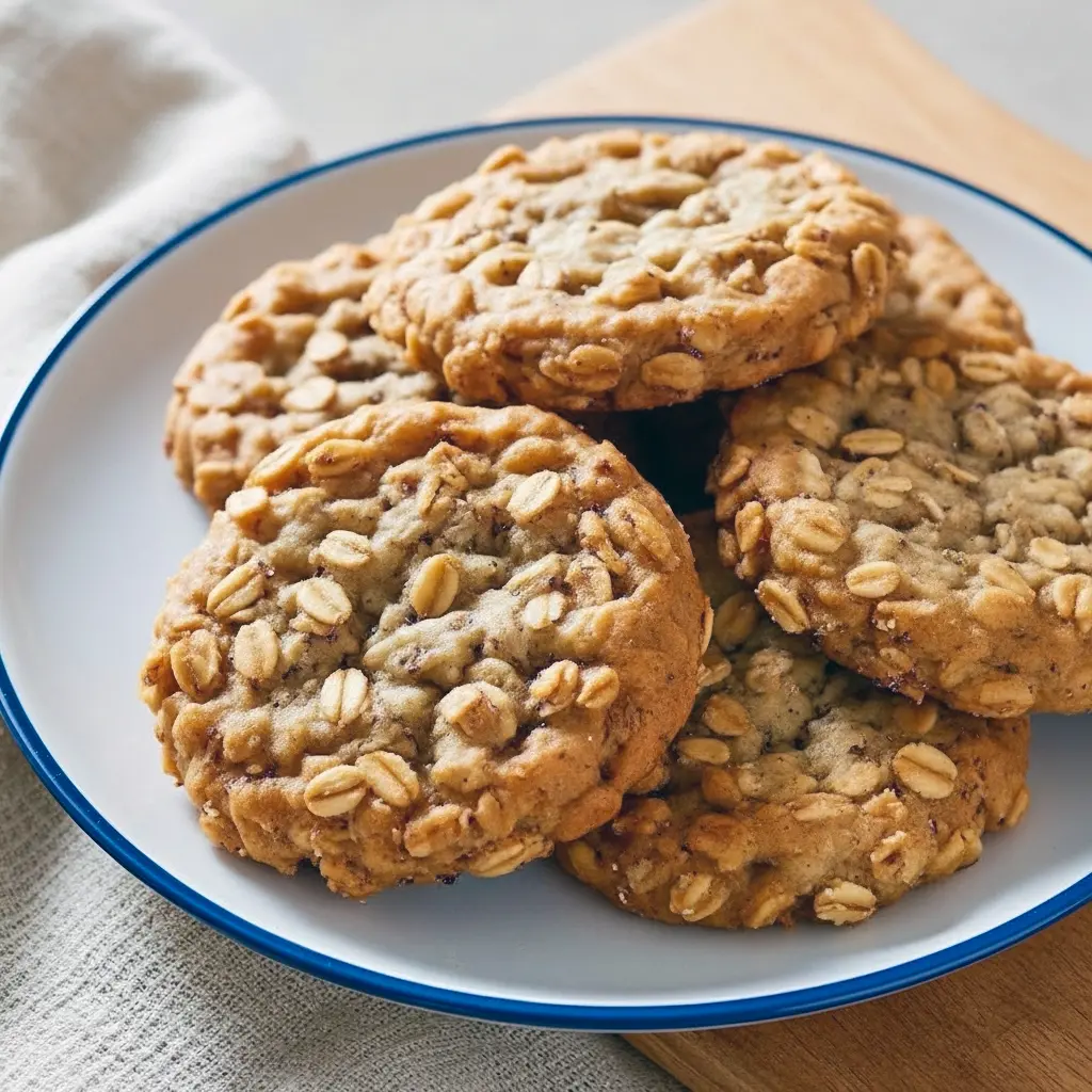 A stack of golden-brown oatmeal protein cookies studded with chocolate chips and oats on parchment, styled with a small jar of almond butter and a napkin — an on-the-go, high-protein snack.