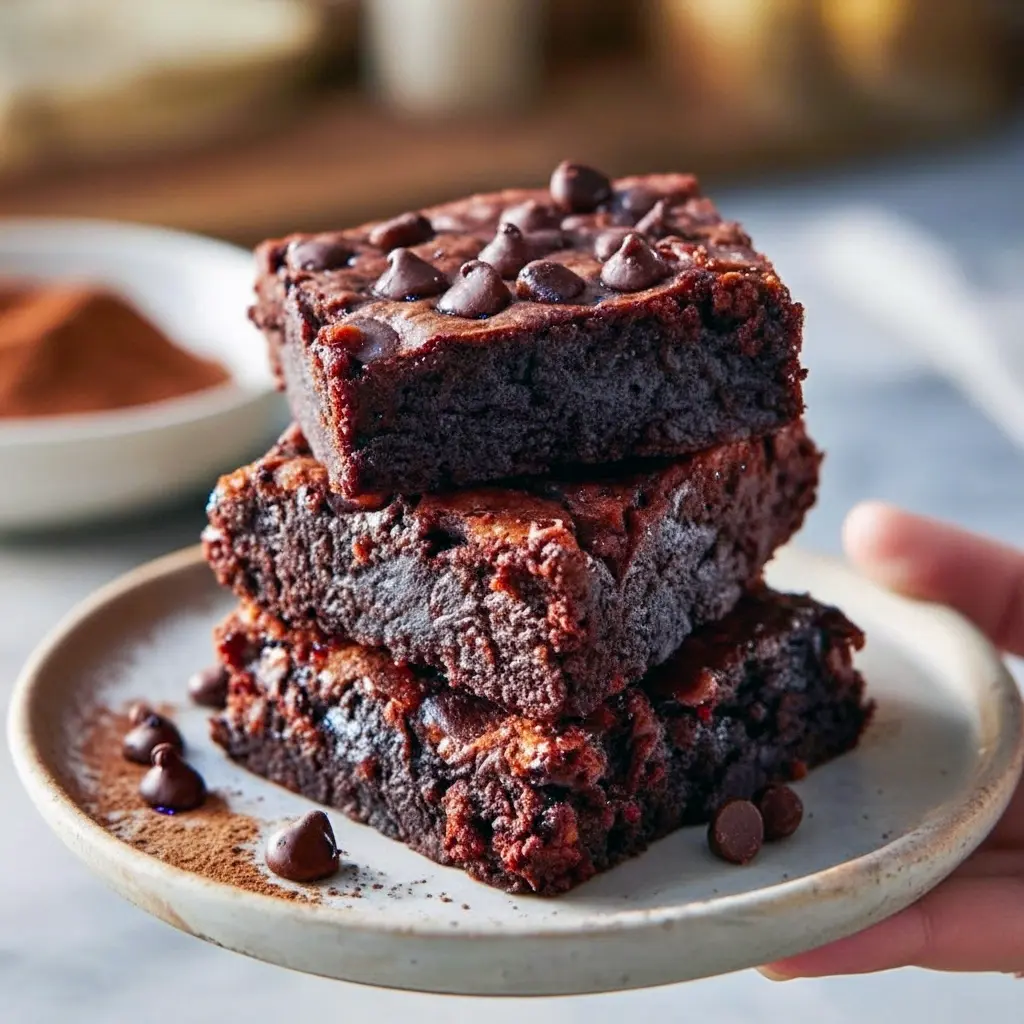 Close-up of fudgy chocolate banana brownies cut into squares on parchment paper, studded with dark chocolate chips and lightly dusted with cocoa, arranged on a rustic wooden board, Things To Bake With Ripe Bananas.