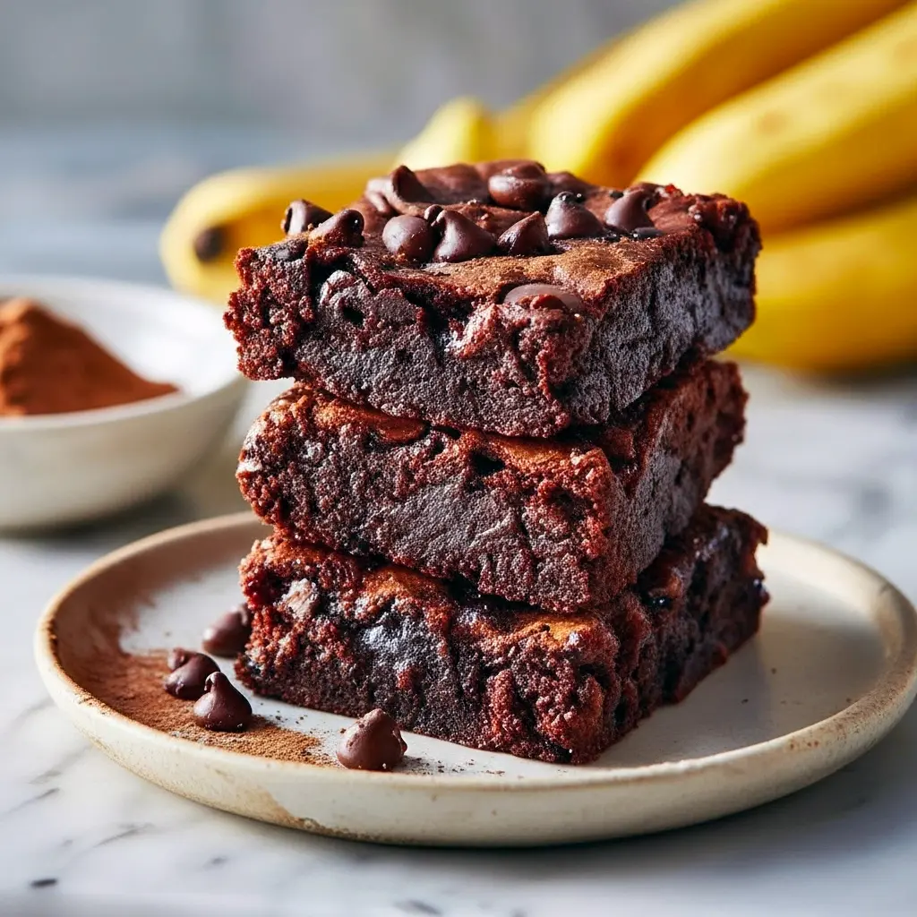 Close-up of fudgy chocolate banana brownies cut into squares on parchment paper, studded with dark chocolate chips and lightly dusted with cocoa, arranged on a rustic wooden board.