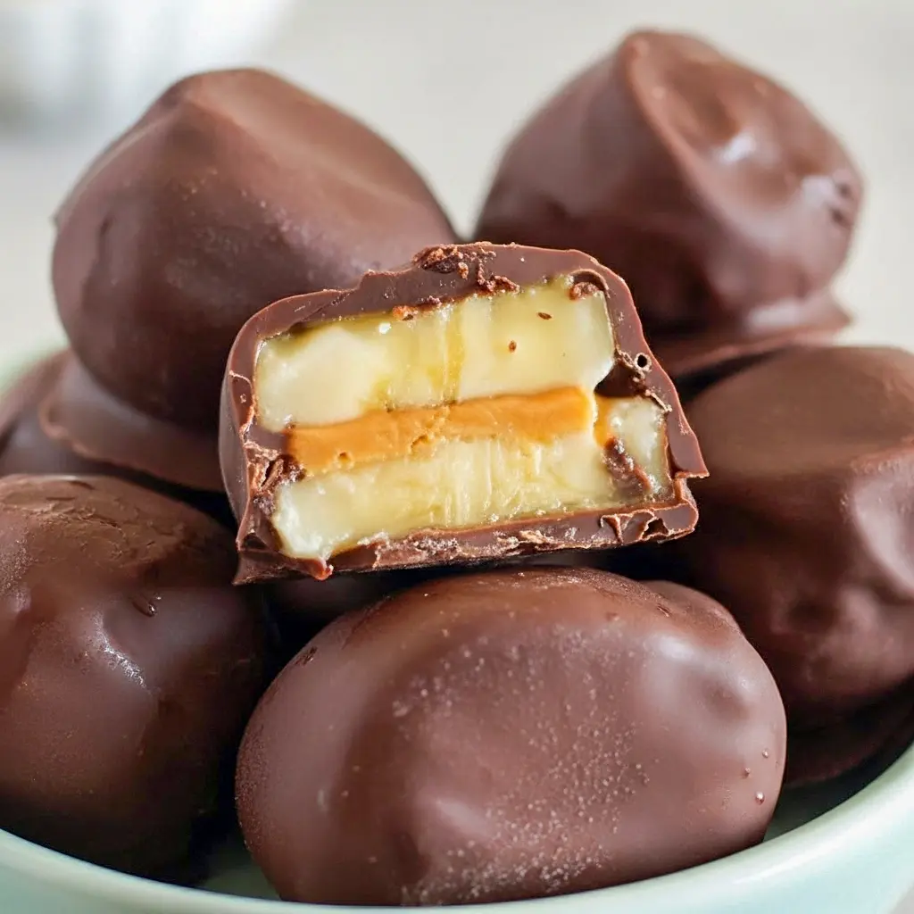Close-up of chocolate-coated peanut butter banana bites on parchment paper, some sprinkled with crushed chocolate chips and ready straight from the freezer.