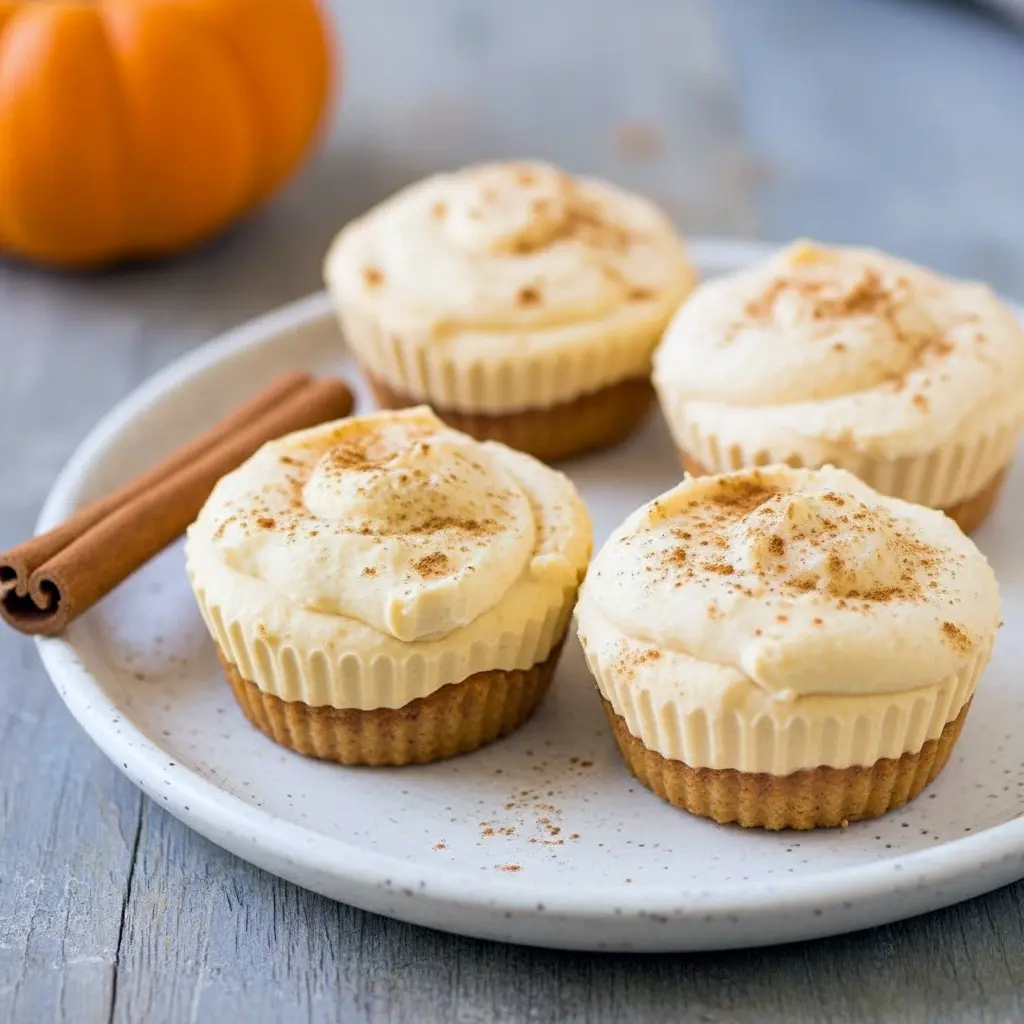 Mini Healthy Pumpkin Cheesecakes with almond flour crust and creamy pumpkin filling, topped with a sprinkle of cinnamon — a Low Fat Pumpkin Cheesecake that’s gluten-free, rich, and perfect for fall dessert lovers.