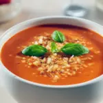 Creamy tomato soup with a basil garnish and crusty bread on the side.