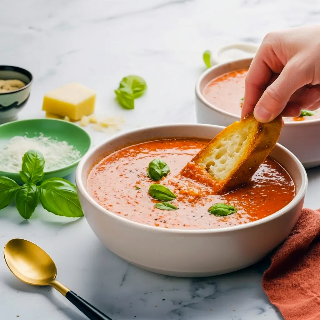 Bowl of smooth, tomato-based soup garnished with torn basil and a drizzle of olive oil, served with whole-grain toast on the side, High Protein Tomato Soup.
