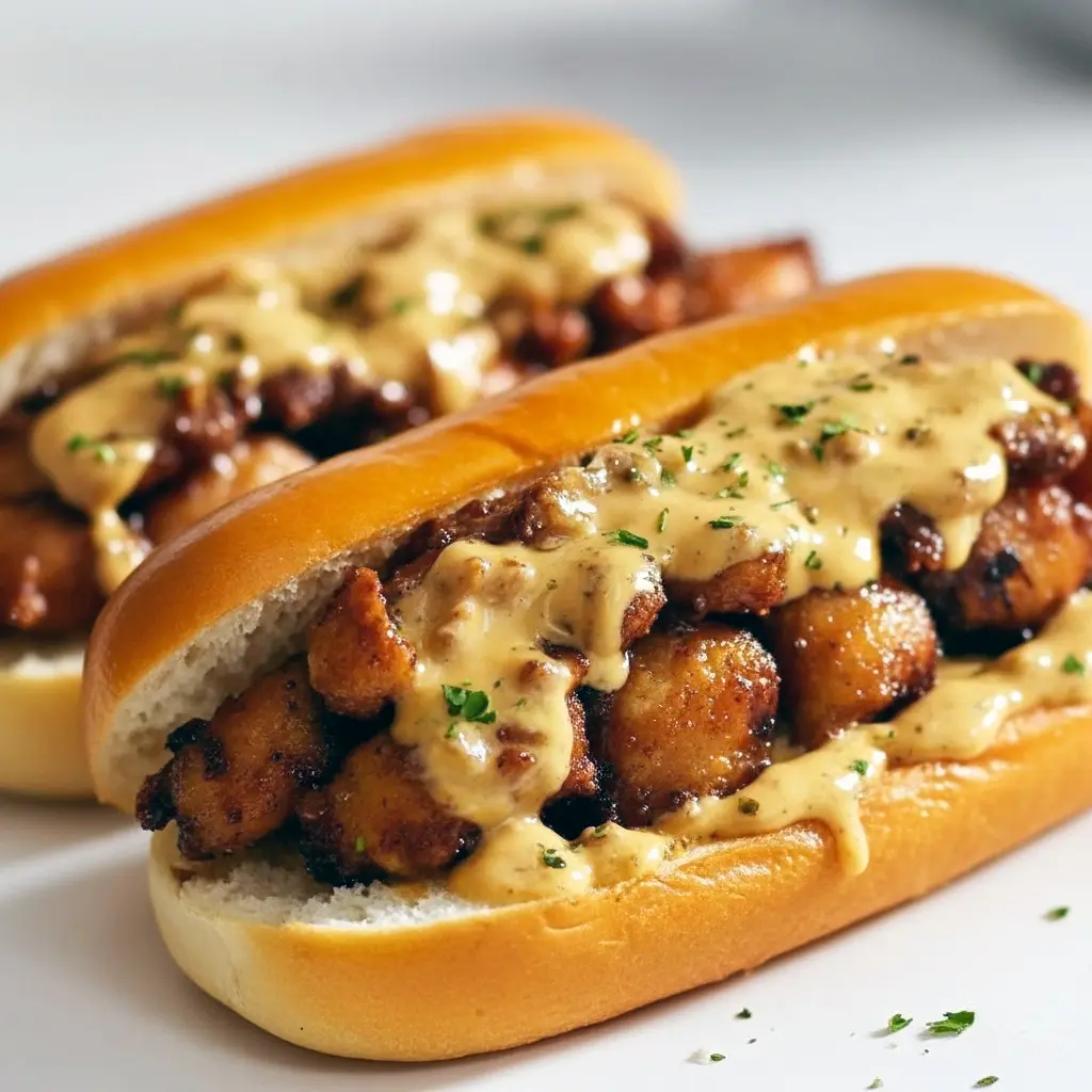 Toasted hoagie stuffed with golden crispy chicken tenders, drizzled mustard-BBQ sauce, pickles, red onion, and shredded slaw on a wooden board.