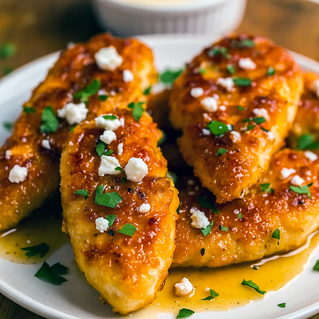 Golden, breaded chicken breast piled with crumbled feta and a glossy hot-honey drizzle, plated with lemon wedges and fresh herbs.