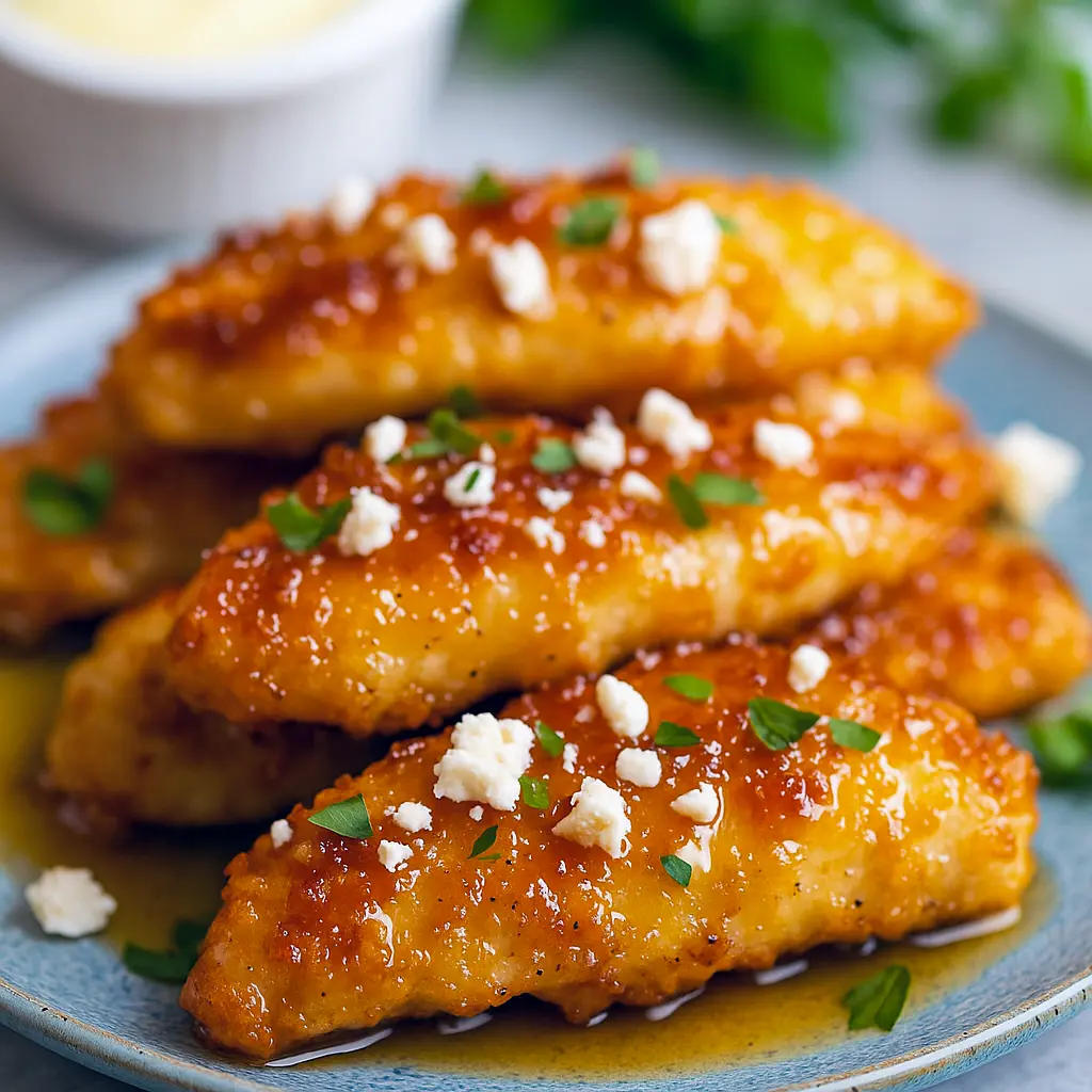Golden, breaded chicken breast piled with crumbled feta and a glossy hot-honey drizzle, plated with lemon wedges and fresh herbs.