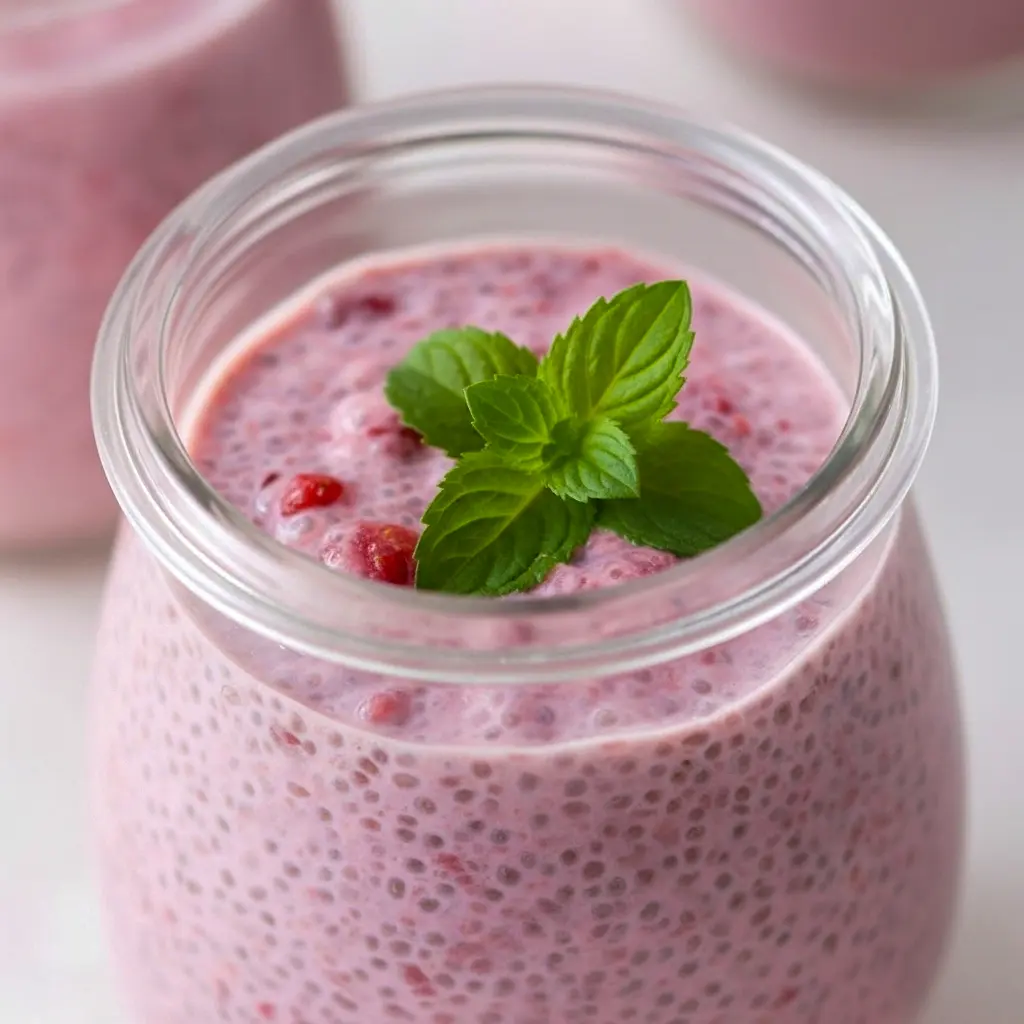 Jar of pink strawberry chia pudding topped with sliced strawberries and a mint leaf, spoon at the ready, How To Make Strawberry Chia Pudding.
