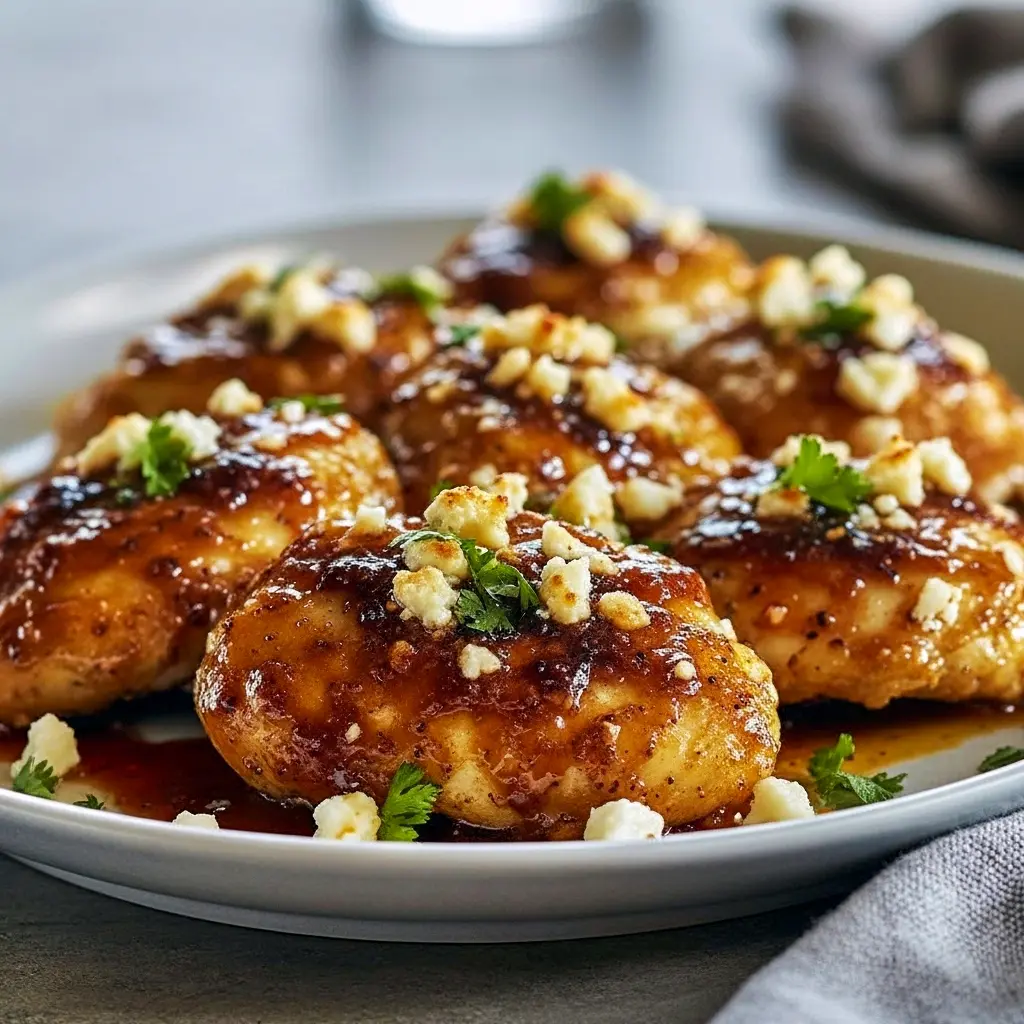 Golden baked Feta Chicken topped with creamy feta and drizzled with spicy honey glaze, served with lemon slices and fresh herbs — a vibrant Mediterranean Recipes favorite perfect for weeknight Chicken Dinner lovers.