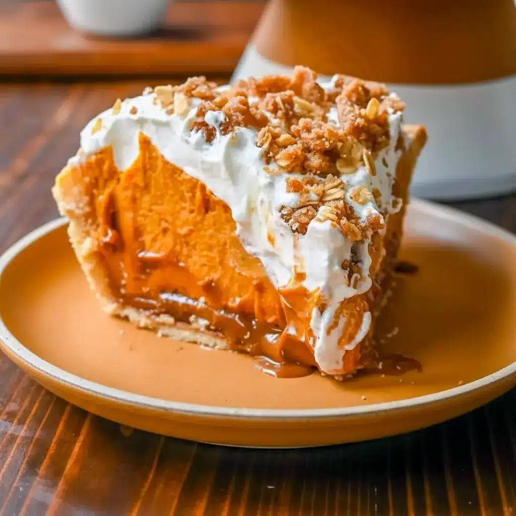 Close-up of a slice of Milk Bar–style pumpkin caramel pie with streusel topping and caramel drizzle on a rustic plate, Milk Pumpkin Pie.