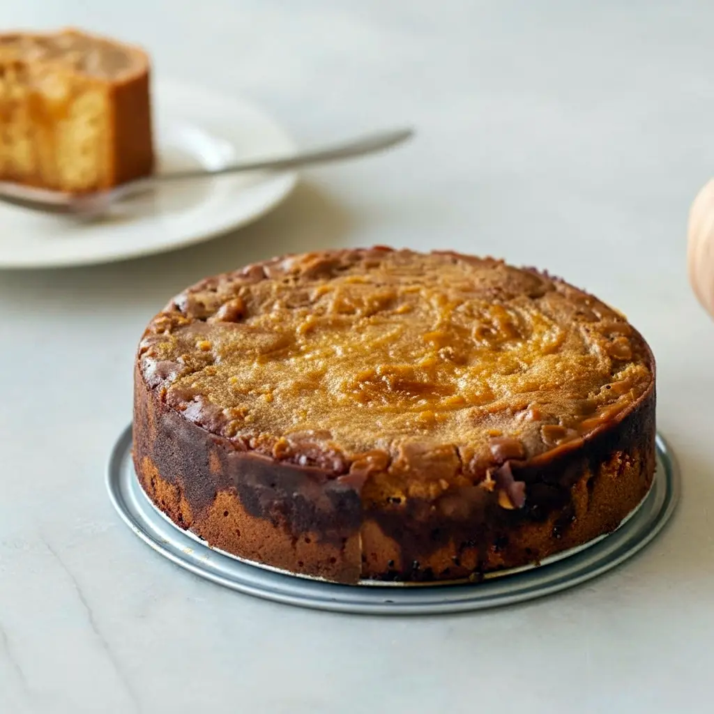 Slice of pumpkin gooey butter cake with a golden crust and creamy, custard-like pumpkin center dusted with powdered sugar on a white plate.