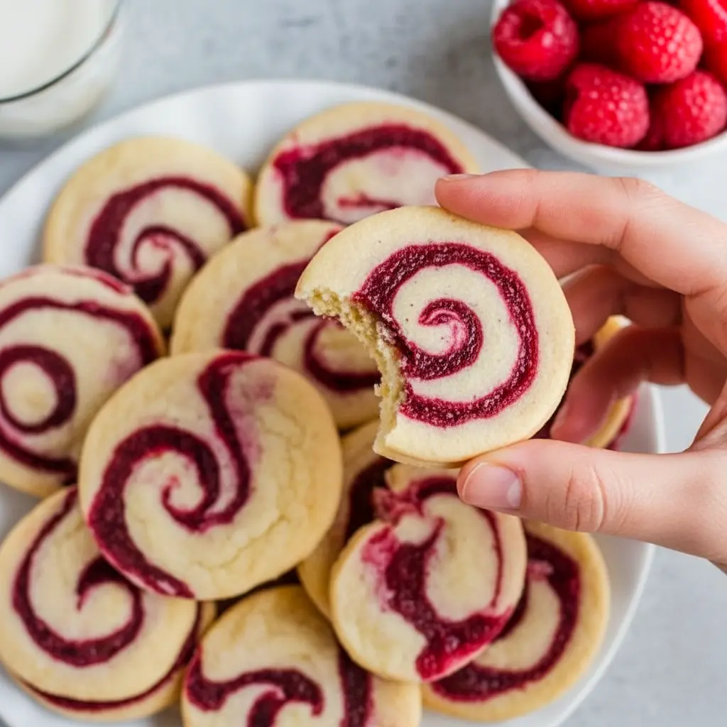 Close-up of golden shortbread slices with a vivid raspberry ribbon — styled as Wedding Shortbread Cookies and Shortbread Swirl Cookies, a festive spin on a classic Spritz Cookie, rivaling store-bought Harry And David Raspberry Cookies, Raspberry Swirl Cookies Recipe.