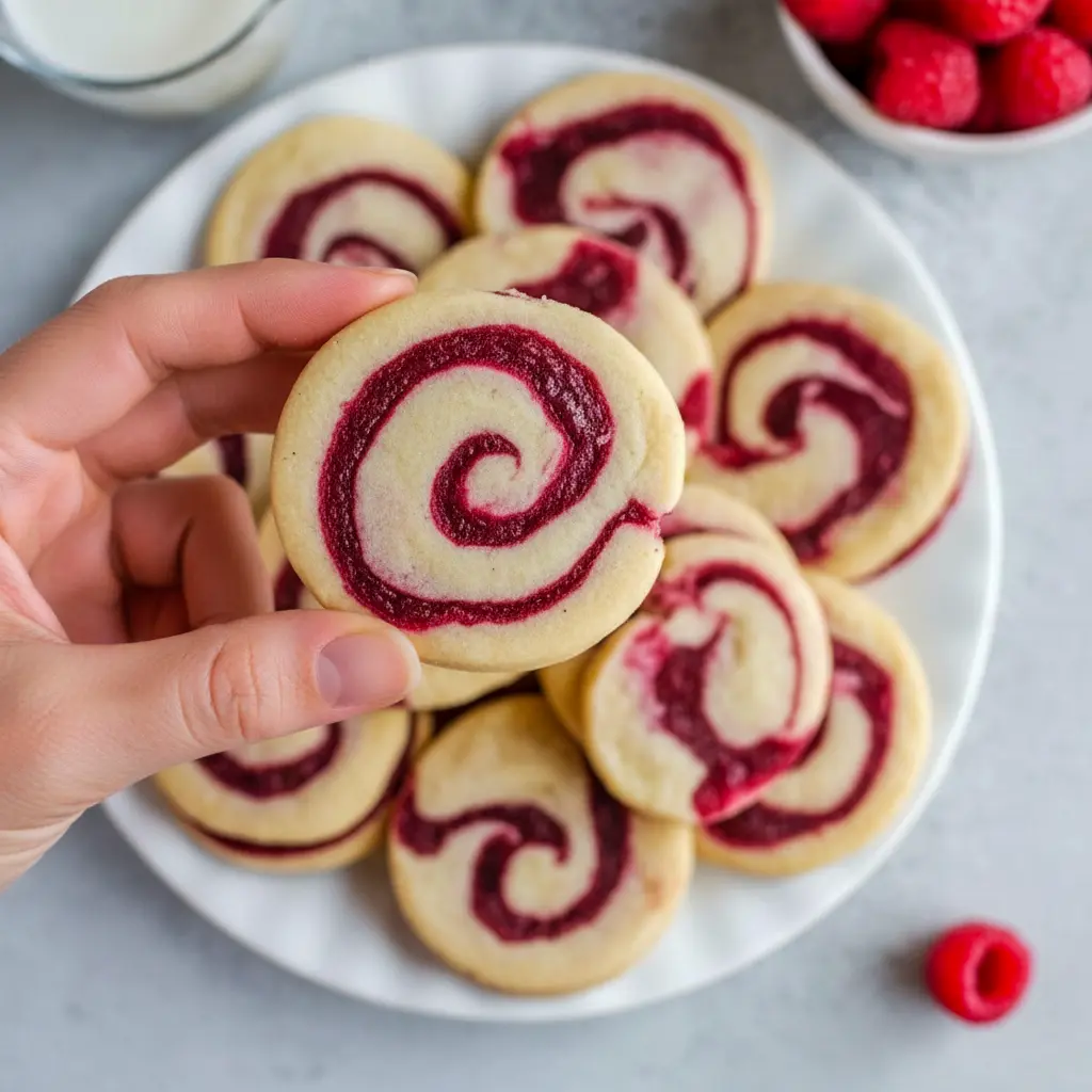 Close-up of golden shortbread slices with a vivid raspberry ribbon — styled as Wedding Shortbread Cookies and Shortbread Swirl Cookies, a festive spin on a classic Spritz Cookie, rivaling store-bought Harry And David Raspberry Cookies, Raspberry Swirl Cookies Recipe.