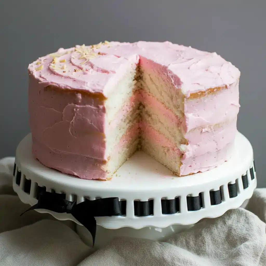 Three-tier white almond layer cake on a white stand, smooth whipped buttercream frosting, a slice removed to reveal the tender, pale crumb.