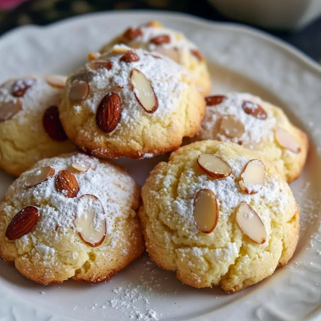Stack of soft almond-ricotta cookies dusted with powdered sugar on a white plate, showing tender centers and sliced almond topping.