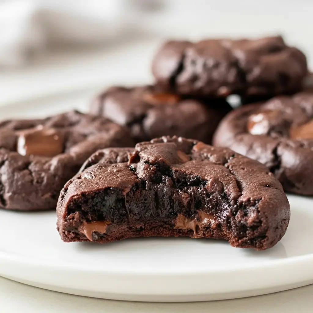 Close-up of glossy, crackled flourless fudge cookies on parchment paper, showing gooey chocolate centers and scattered chocolate chips, Best Keto Cookies.
