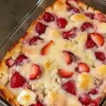 A rustic baking dish filled with golden, bubbly Strawberry Cream Cheese Cobbler, topped with a biscuit-like crust and bursting with strawberries—an irresistible Keto Strawberry Cream Cheese Cobbler Recipe that’s perfect for anyone who loves Low Carb Sweets and easy Healthy Sweets Recipes.