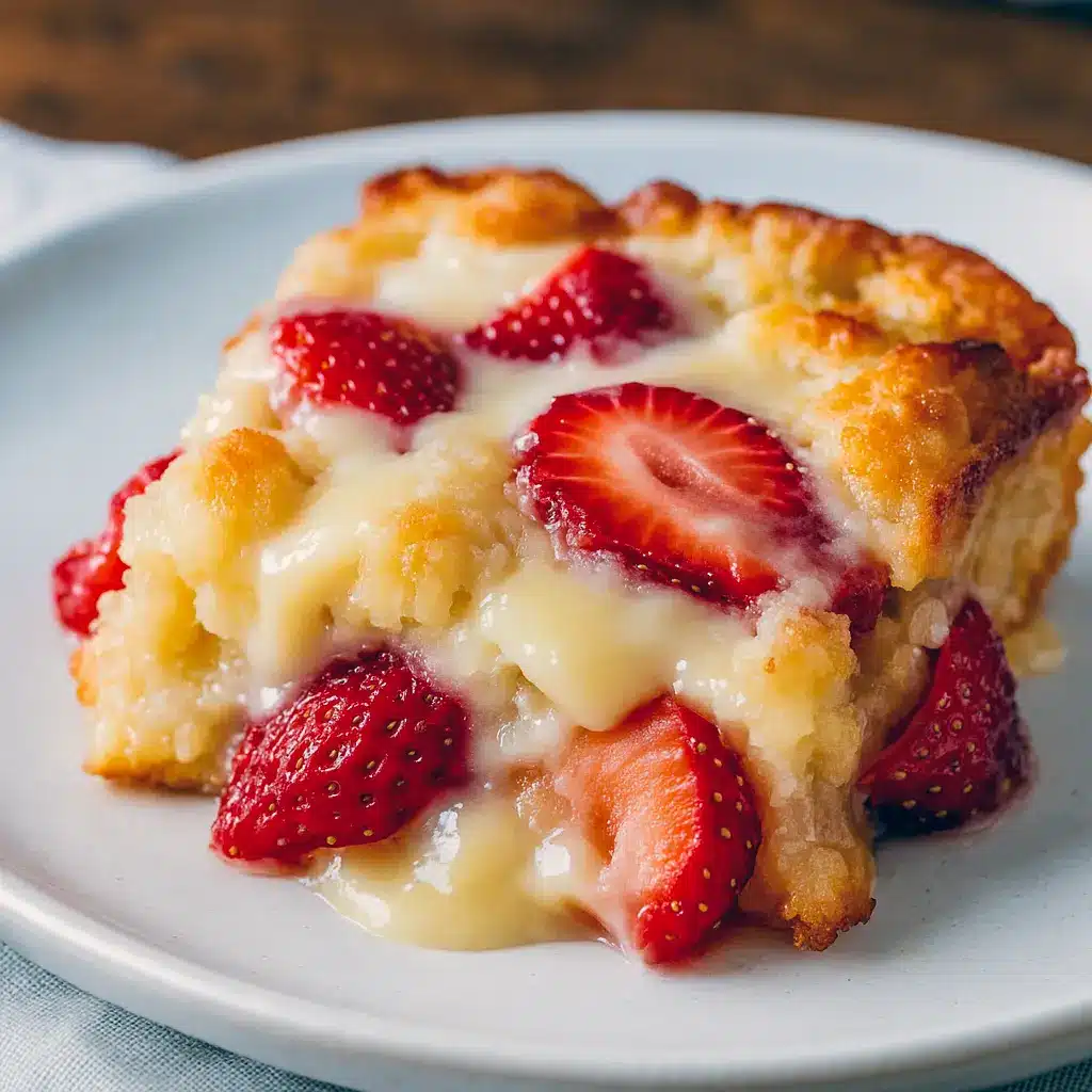A rustic baking dish filled with golden, bubbly Strawberry Cream Cheese Cobbler, topped with a biscuit-like crust and bursting with strawberries—an irresistible Keto Strawberry Cream Cheese Cobbler Recipe that’s perfect for anyone who loves Low Carb Sweets and easy Healthy Sweets Recipes.