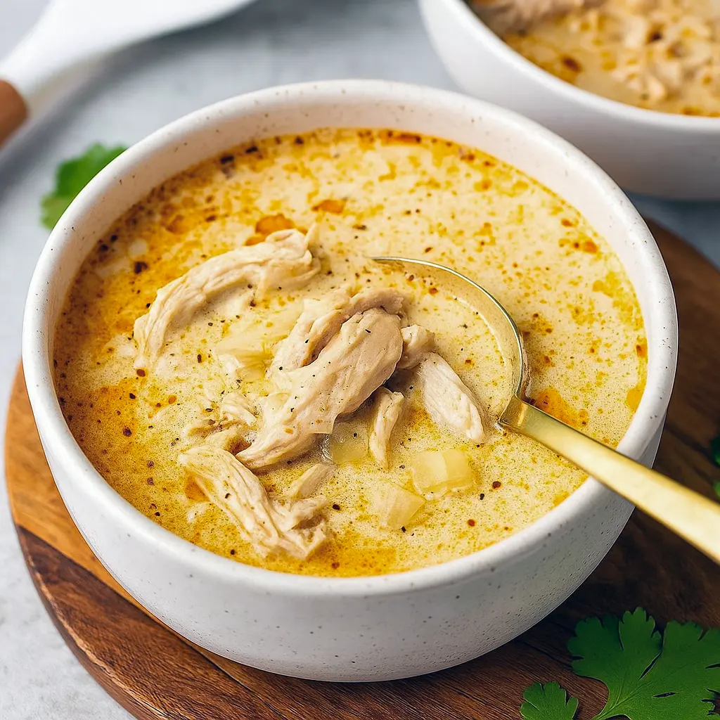 Bowl of creamy Keto White Chicken Chili topped with shredded cheese, avocado, and cilantro — a hearty and satisfying dish perfect for High Protein Lower Carb Meals, Low Carb Bariatric Meals, Low Carb Lunch Snacks, and even adaptable into Crockpot Diet Recipes as one of the top Protein Recipes Healthy Dinner options.