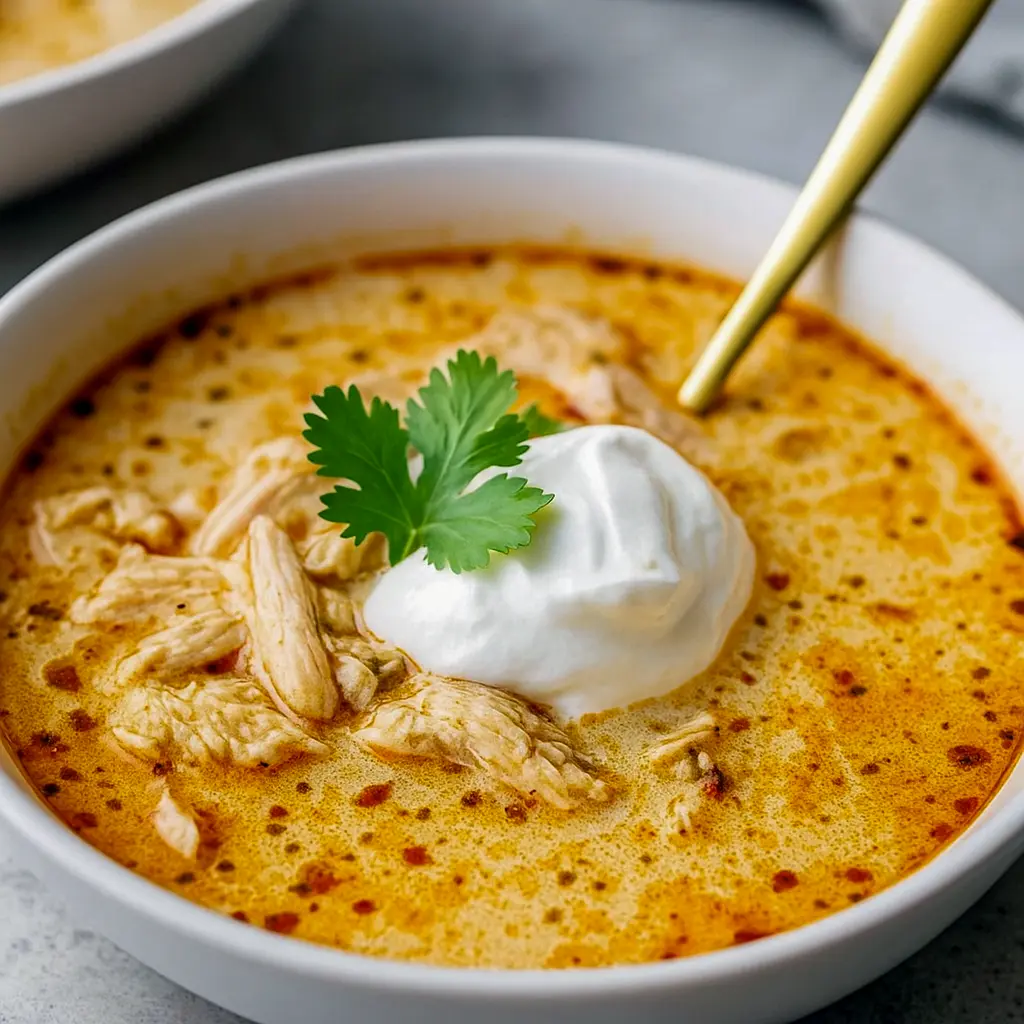 Bowl of creamy Keto White Chicken Chili topped with shredded cheese, avocado, and cilantro — a hearty and satisfying dish perfect for High Protein Lower Carb Meals, Low Carb Bariatric Meals, Low Carb Lunch Snacks, and even adaptable into Crockpot Diet Recipes as one of the top Protein Recipes Healthy Dinner options.