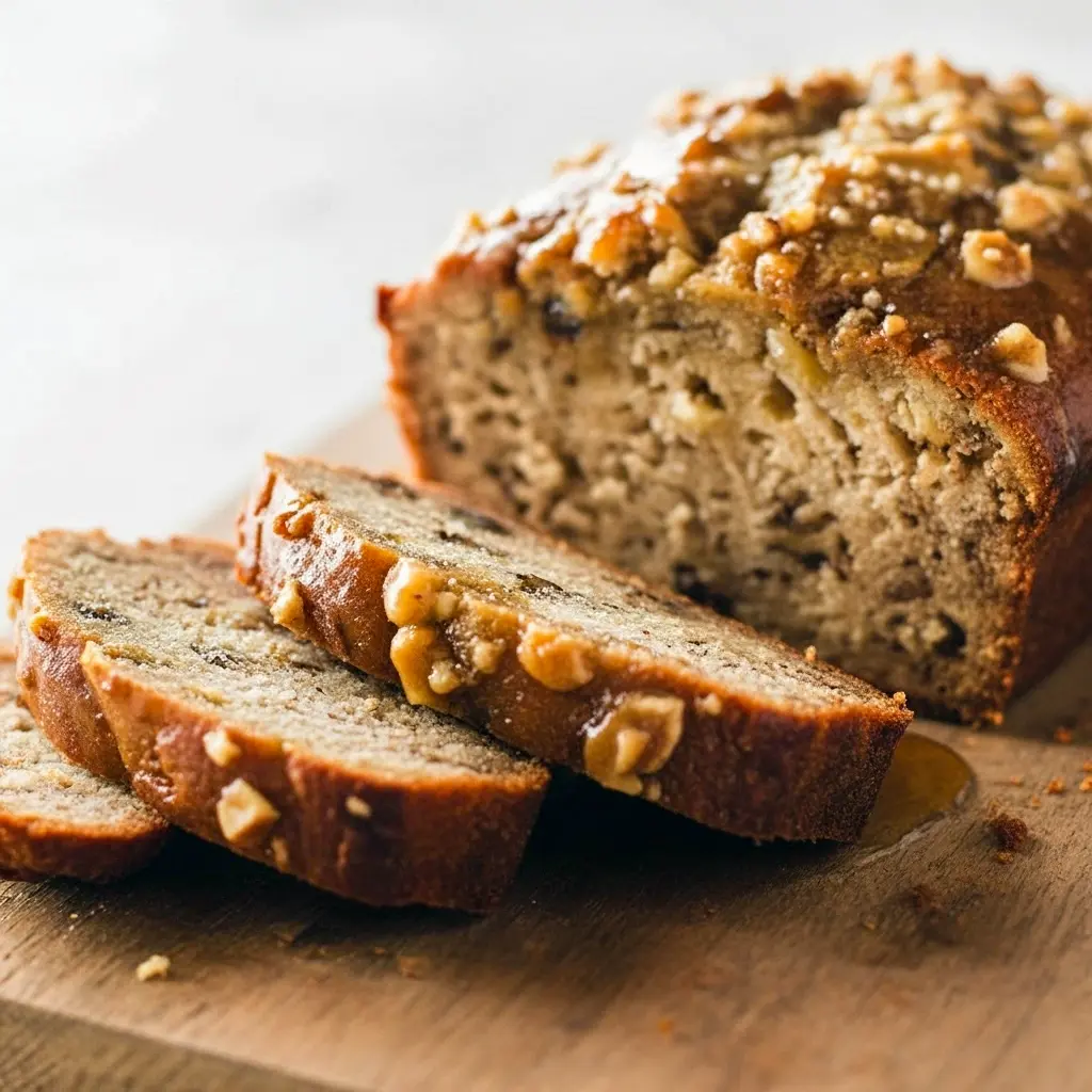 Sliced maple banana bread on a wooden board, showing moist crumb, toasted walnut pieces, and a glossy maple glaze, Nut Bread Recipe.