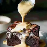 Slice of layered chocolate cake with light whipped frosting, dusted with cinnamon and served on a ceramic plate.