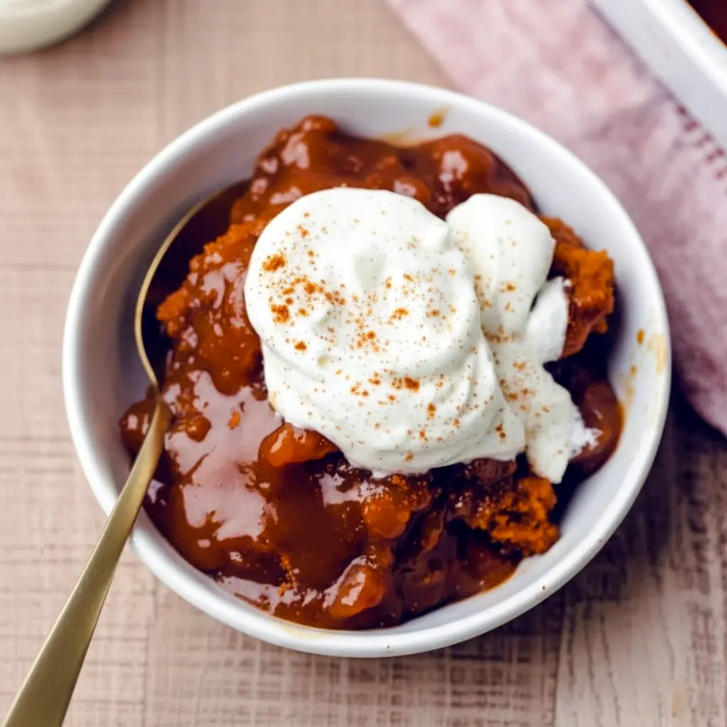 Warm square of Gingerbread Pudding Cake on a white plate, caramel-like sauce pooling around the edges and a dollop of whipped cream on top.