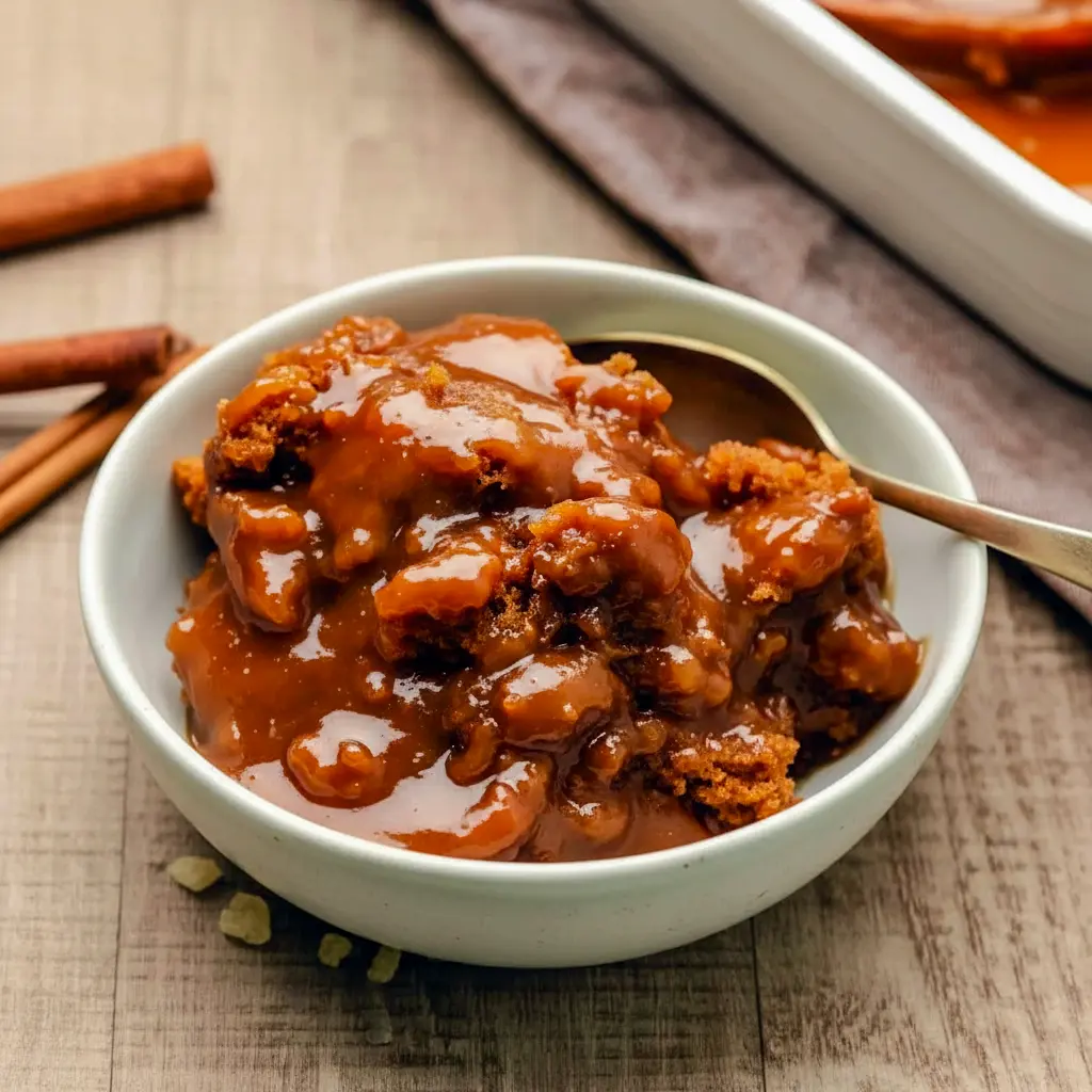 Warm square of Gingerbread Pudding Cake on a white plate, caramel-like sauce pooling around the edges and a dollop of whipped cream on top.
