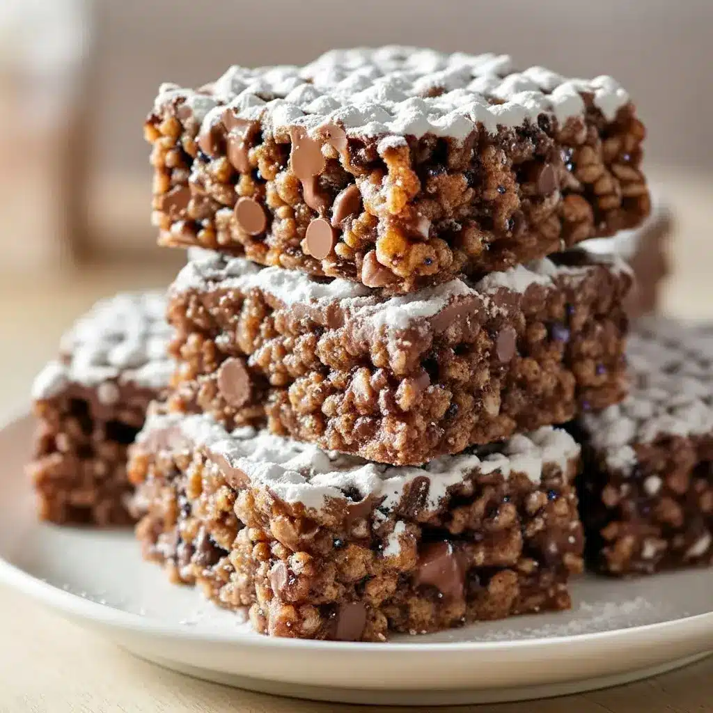 Close-up of chocolate-peanut-butter coated cereal clusters dusted with powdered sugar — quick Rice Krispy Dessert Ideas, Rice Krispie Muddy Buddies.
