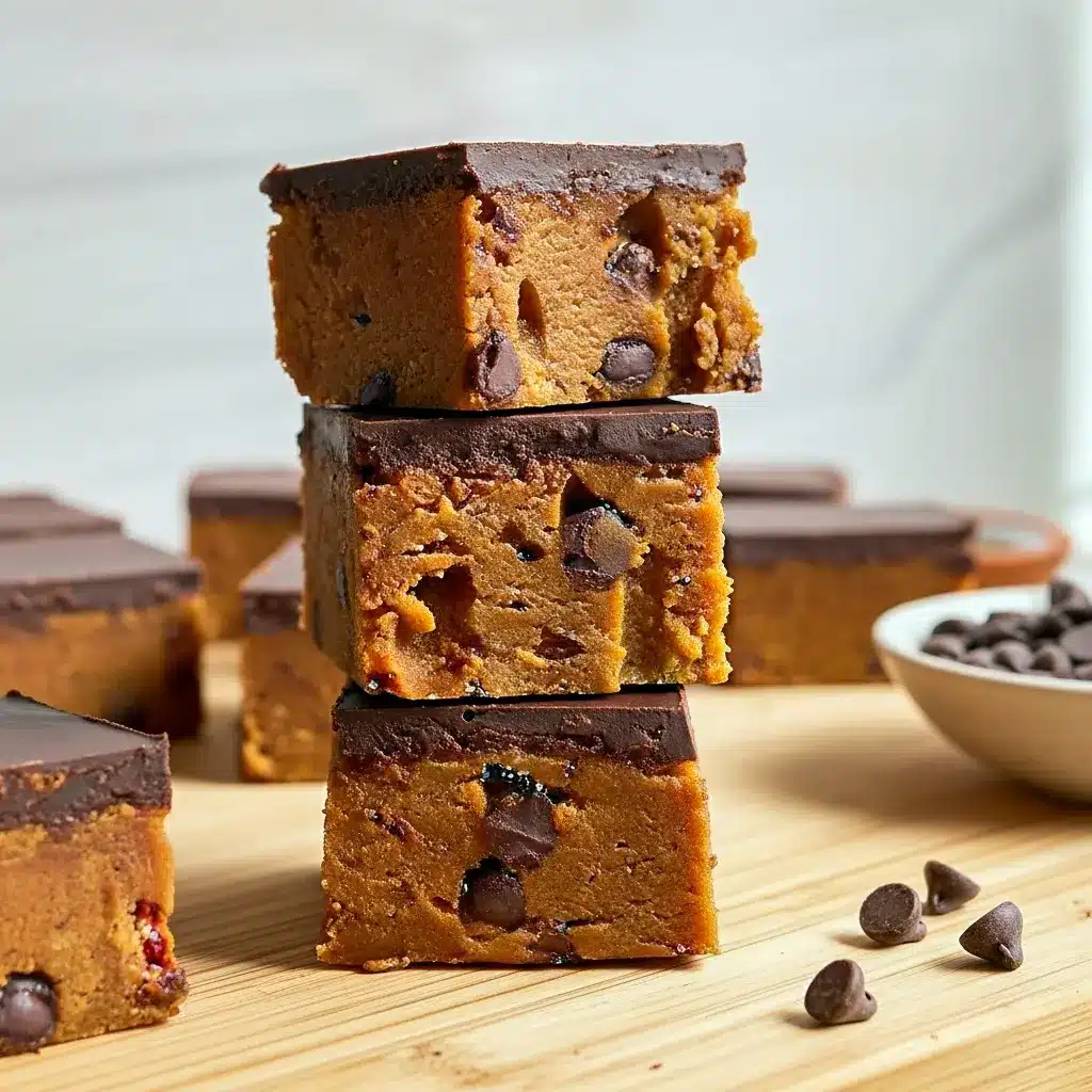 Stack of pumpkin chocolate chip protein bars with a glossy dark chocolate layer on top, cut into squares on parchment paper showing chewy, dense texture.