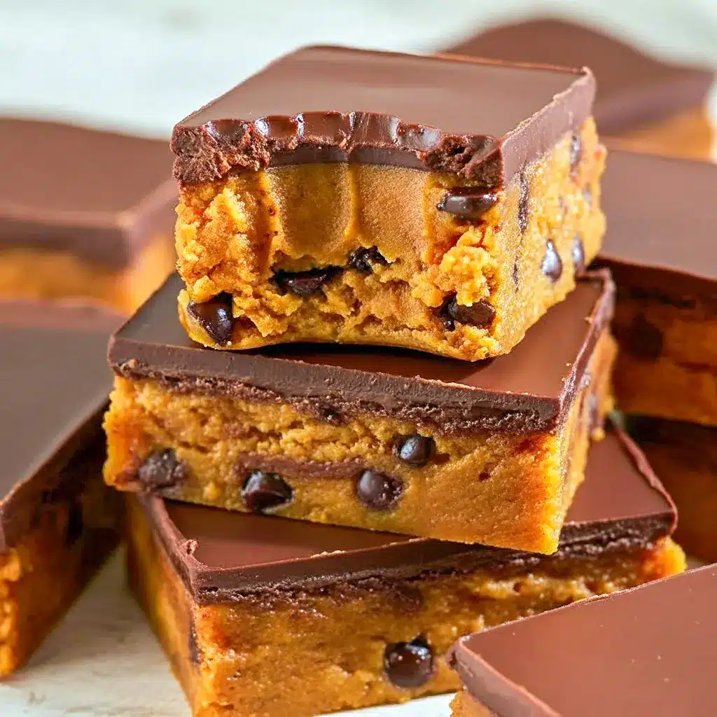 Stack of pumpkin chocolate chip protein bars with a glossy dark chocolate layer on top, cut into squares on parchment paper showing chewy, dense texture.