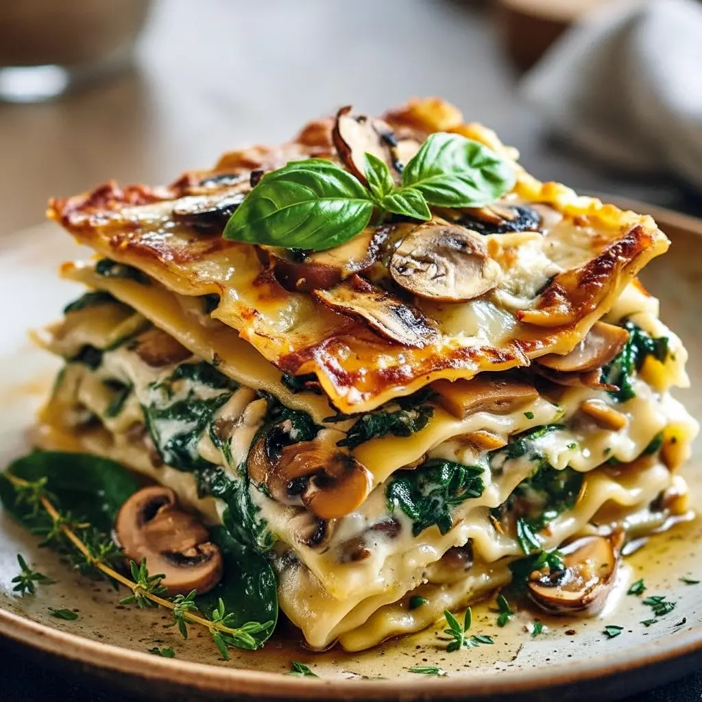 Slice of baked lasagna with melty cheese, visible mushroom and spinach layers, garnished with fresh basil on a white plate.