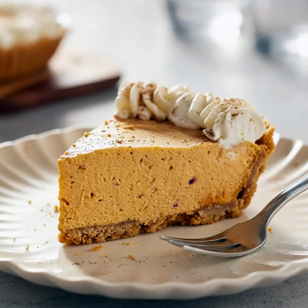 Slice of no-bake marshmallow pumpkin pie in a graham cracker crust, topped with whipped cream and toasted marshmallows, ready for Thanksgiving dessert.