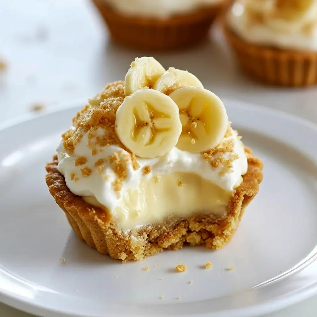 Close-up of mini banana cream pies: graham cracker shells filled with banana pudding, topped with whipped cream, banana slices, and a honey drizzle on a serving platter.