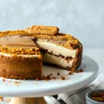 A rich, creamy Biscoff Cheesecake topped with melted cookie butter and cookie crumbles — the Easiest No Bake Cheesecake for summer parties and dessert lovers.