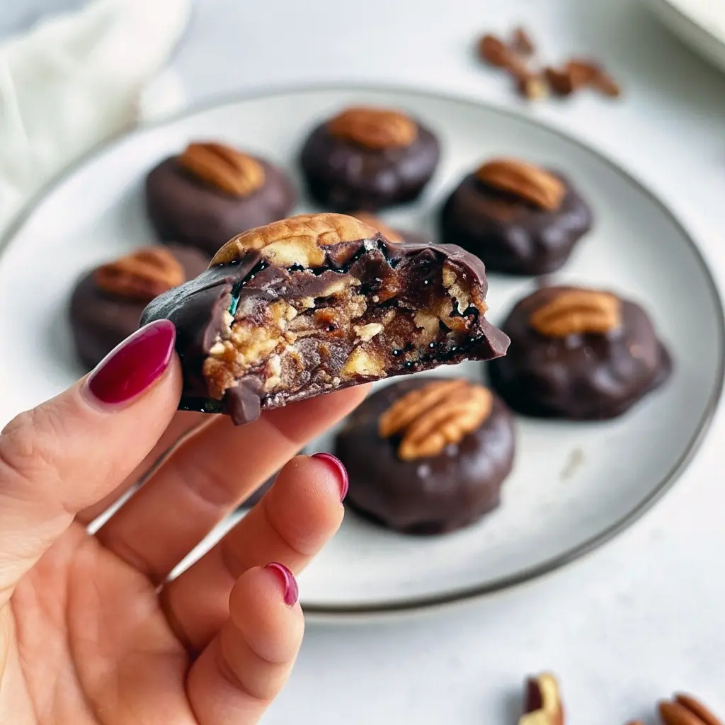 Close-up of chocolate-coated pecan-date bites on parchment, each topped with a pecan half and ready to snack.